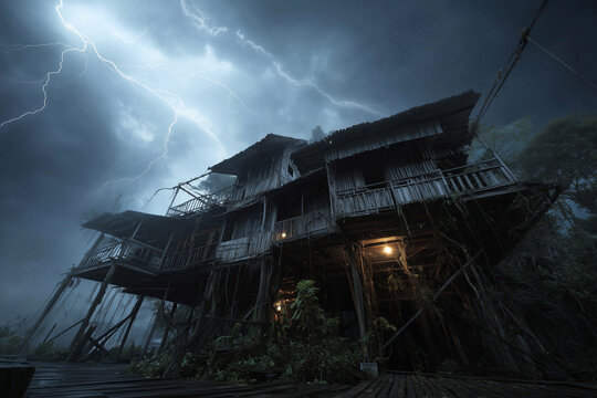 An old, abandoned house or industrial building stands beneath the blue sky near the sea, sometimes with a derelict fishing boat or ship nearby