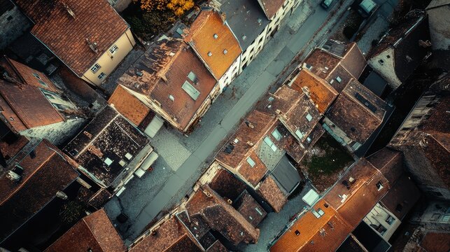 Old town rooftops drone view over narrow european street