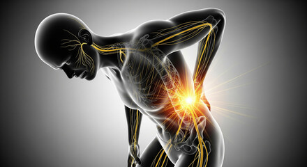 3D medical illustration of a man suffering from acute lower back pain, with the nervous system visible and a glowing hotspot indicating the source of the intense ache.
