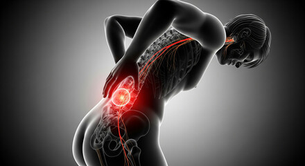 3D medical illustration showing a person suffering from intense lower back pain, with a glowing red area highlighting the inflammation and sciatic nerve pain on a dark background.