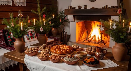 Traditional Ukrainian Christmas Eve dinner with kutia and other dishes by a fireplace.