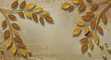 golden leaves wallpaper on beige plaster — elegant botanical background, luxury seamless look