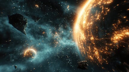 Obraz premium Populated planet orbiting through space with asteroids