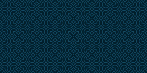Vector floral seamless pattern in arabesque style. Dark blue texture with flowers, leaves, petals, curved shapes. Simple geometric background. Abstract oriental ornament. Elegant repeated print design