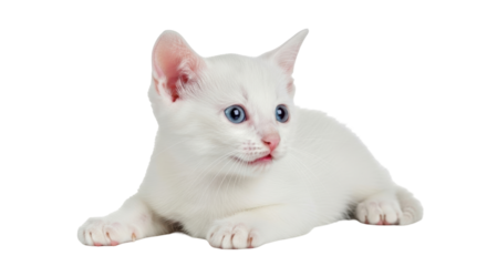 Isolated adorable white kitten with blue eyes lying down in a relaxed posture on floor