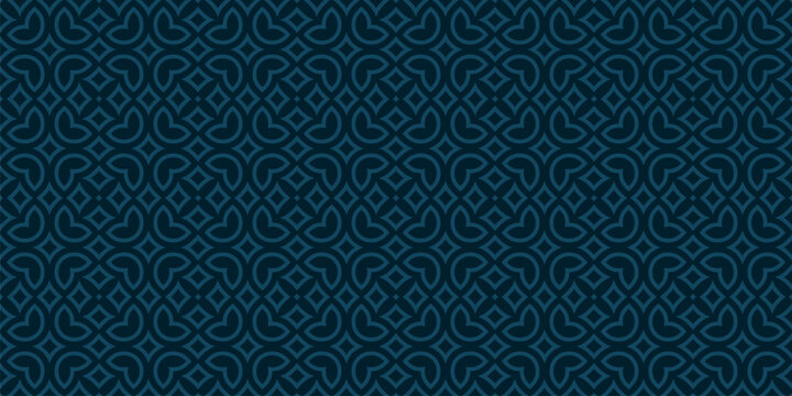 Vector floral seamless pattern in arabesque style. Dark blue texture with flowers, leaves, petals, curved shapes. Simple geometric background. Abstract oriental ornament. Elegant repeated print design