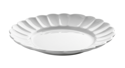 Isolated shallow ceramic plate featuring a scalloped edge, for elegant dining service