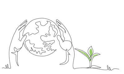 Happy earth day banner by green continuous single line drawing heart embrace and world map isolated on white background for banner in concept environment