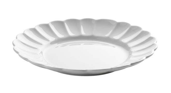 Isolated shallow ceramic plate featuring a scalloped edge, for elegant dining service