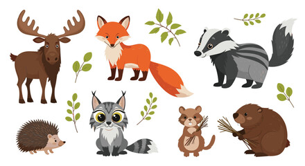 Collection of cute forest animals in a woodland setting.
