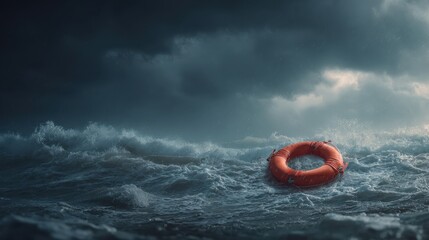 Dramatic Stormy Sea with Orange Lifebuoy, Symbolizing Hope and Rescue.