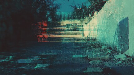 Dark alley showing abstract glitch digital distortion