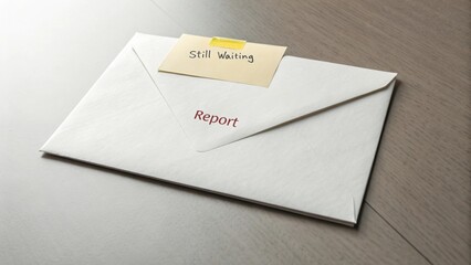White envelope with Report and Still Waiting note taped on it