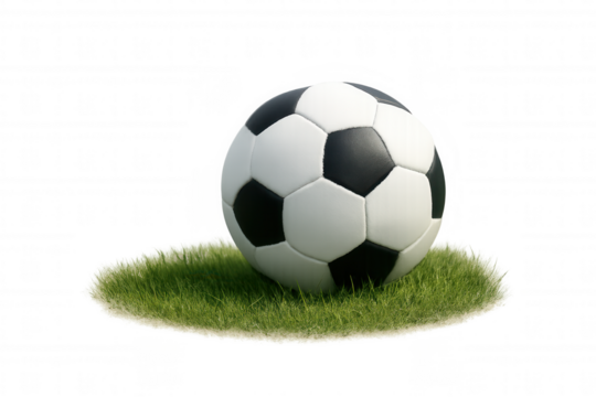 Football balancing on a patch of green grass with transparent background, symbolizing sport competition and championship