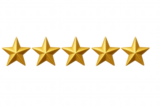Five golden stars showing excellent product quality, customer service, and top rating on transparent background