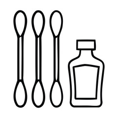 Three Cotton Swabs and a Small Bottle Icon. With cotton buds Q-tips, vector illustration. 