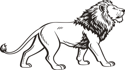 A majestic lion strides confidently, its powerful form and flowing mane captured in a striking black and white illustration