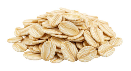 Isolated heap of oat flakes, rolled oats, healthy wholegrain food staple, uncooked cereal