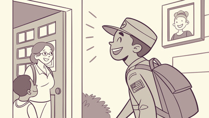A soldier returns home to his family, greeted by his mother and brother at the door with a smile, happy to be back after serving his country