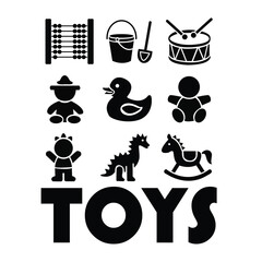 A bold black silhouette icon collection of classic children's toys, including a rubber duck, dinosaur, drum, and rocking horse.
