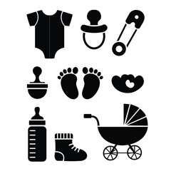 A comprehensive black silhouette icon collection showcasing various essential baby care and newborn items and accessories.