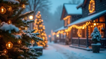 christmas scene at night. focus on tree, bokeh