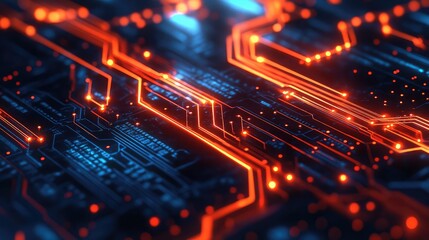 Obraz premium Digital circuit board transferring glowing data representing technology