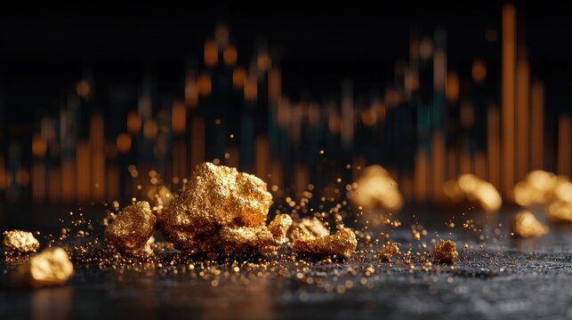 Gleaming Gold Nuggets and Dust Scattered Before a Glowing Financial Market Chart. - Powered by Adobe
