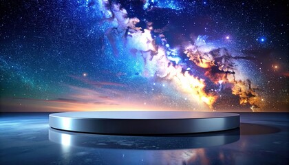 Metallic Platform under Cosmic Sky Displaying Galaxy and Stars with Ambient Lighting