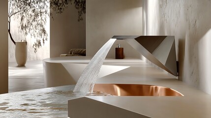 Modern Geometric Waterfall Faucet in a Luxurious Bathroom with a Copper Tub