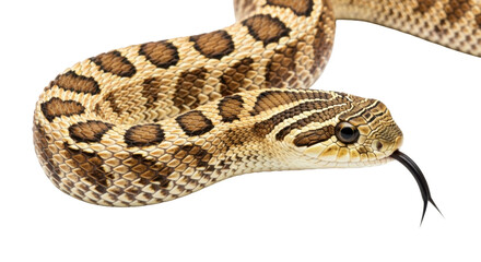 Isolated Eastern Hognose Snake with tongue out, side view, Heterodon platirhinos reptile