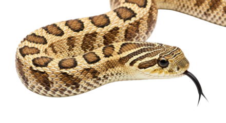Isolated Eastern Hognose Snake with tongue out, side view, Heterodon platirhinos reptile