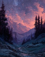 Ethereal Mountain Valley at Twilight - Starry Sky, Pink Clouds, and Serene Landscape.
