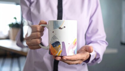 Woman Holding Decorated Coffee Mug with Abstract Art Design in Interior Setting