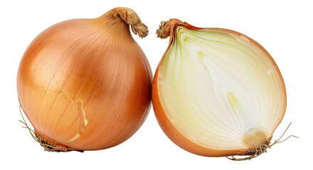 Isolated Yellow Onion Bulb and Halved Piece, Raw Fresh Vegetable Produce, Food Prep Ingredient