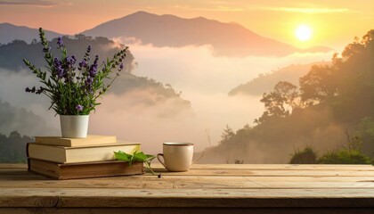 Serene Sunrise Over Mountainous Landscape with Fog Books Coffee and Lavender Flowers on a Wooden Table