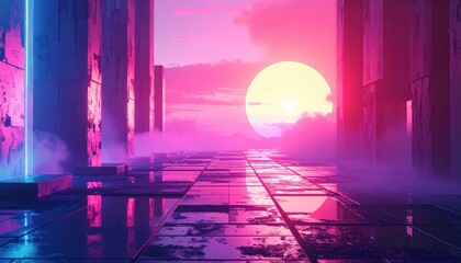 Futuristic Pathway And Glowing Sunset In A Pixelated Landscape Environment