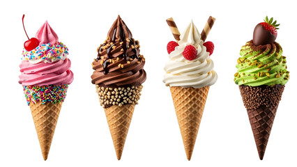 Ice cream cones on isolated background. Generative AI, collection of delicious ice cream in waffle cone, isolated on transparent background cutout, png different flavors mockup for design