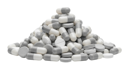 Isolated heap of grey and white pharmaceutical pills and capsule medication, no background