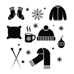 Cozy black and white winter icons set featuring warm clothing, a hot beverage, and seasonal decorative elements.