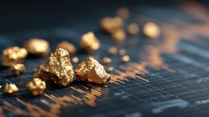Gleaming Gold Nuggets Scattered Across a Textured, Blurred Background with Financial Chart Overlay.