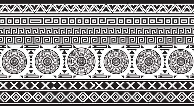Intricate aztec pattern isolated on white background featuring geometric shapes, circles, and lines in a symmetrical and visually appealing design
