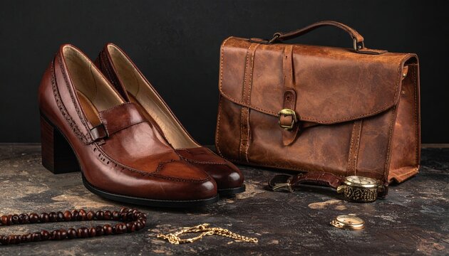 Leather Accessories Composition Brown Handbag High Heel Shoes and Watch on Textured Surface