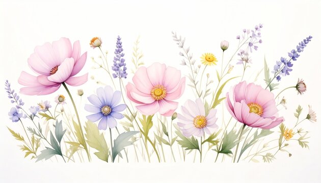 Soft watercolor spring flowers border with pink poppies purple lavender and blue daisies. - Powered by Adobe