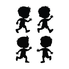 Set of four playful cartoon children in silhouette running, waving, and walking in motion.