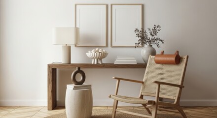 Cozy corner of a room with a woven armchair, a console table with decor, and two blank picture frames on a white wall, creating a warm and inviting atmosphere