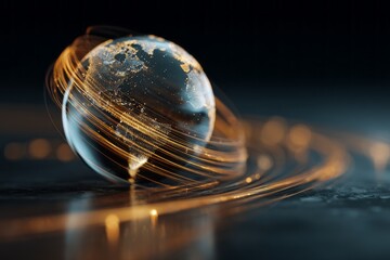 Globe illustration with glowing golden lines orbiting around it, representing global connections and data transmission over a dark background.