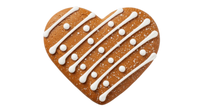 Isolated heart-shaped gingerbread cookie with icing decorations, tasty holiday treat
