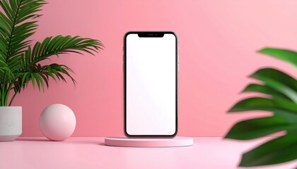 Smartphone Displaying White Screen on Pink Pedestal with Green Foliage and a Sphere in Studio