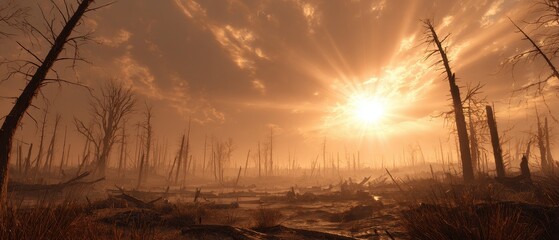 Ethereal Sunset Over Desolate Forest, Silhouetted Trees Against Fiery Sky.